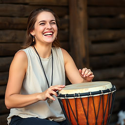 caucasian woman laughing whilst playing djembe drum realistic photo