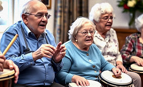 old people in a care home music group playing percussion instruments singing
