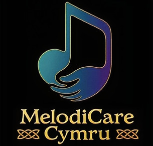 melodicare logo, blue/purple note and hand on black background, gold text