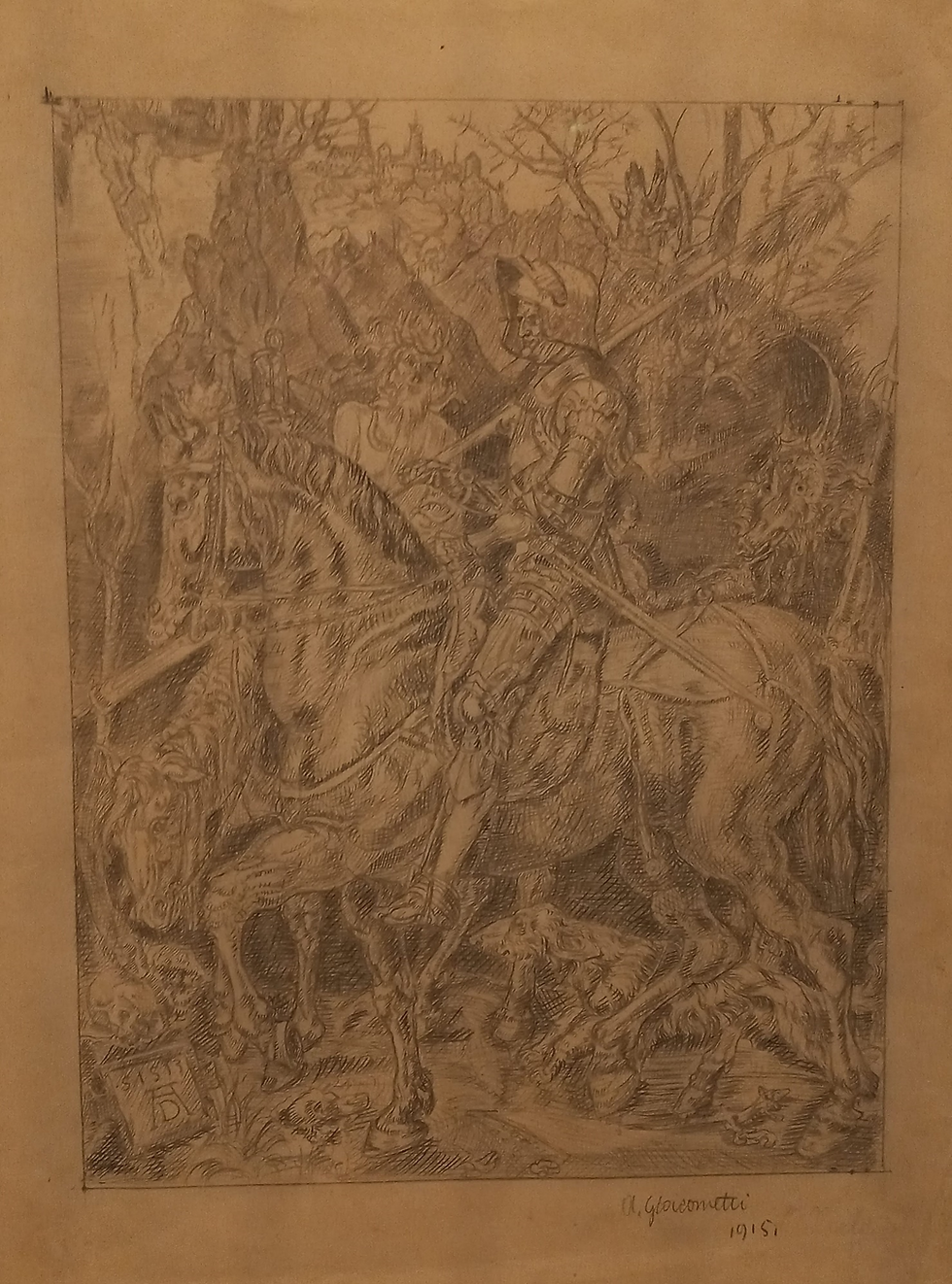 А.Джакометти, Рыцарь, Смерть и Дьявол (по мотивам А.Дюрера), 1915 г.