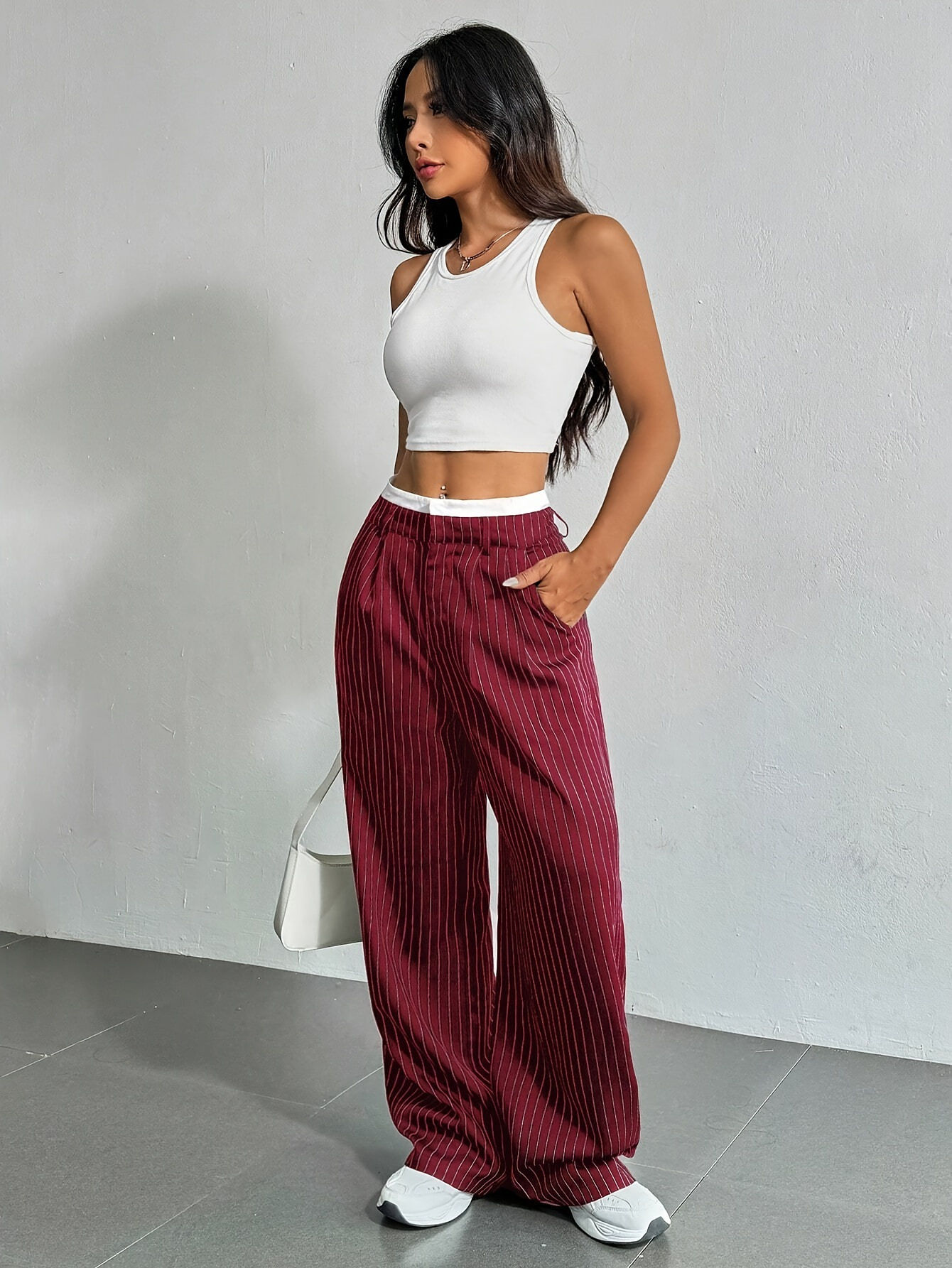 Women's Straight Leg Pinstripe Trousers High Waist Office Business Pants Casual