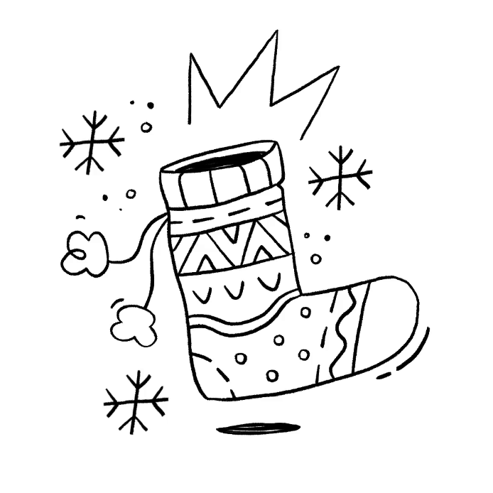 doodle illustration of Christmas sock and snowflakes