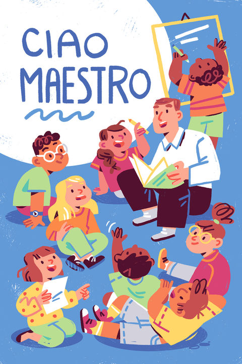 first-grade kids talking with teacher in class children's illustration susanna rumiz 