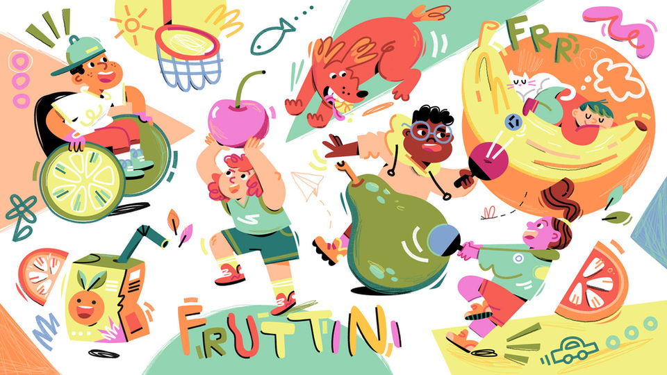 kids playing with fruit illustration