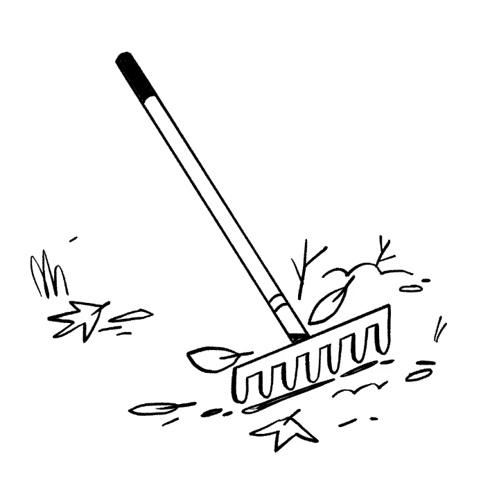 doodle illustration of rake gathering dry leaves during autumn