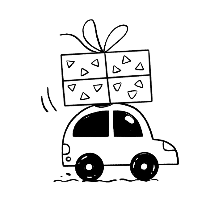 car carrying a Christmas present doodle illustration