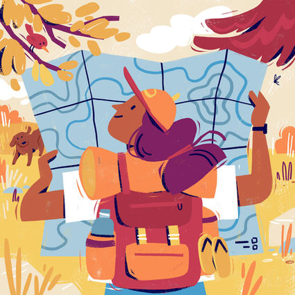 woman travelling with backpack looking at the map editorial illustration susanna rumiz