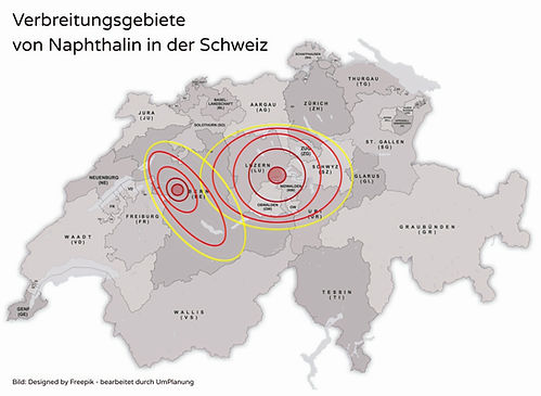 Verbreitungsgebiete Naphthalin innerhalb der Schweiz. Kanton Luzern und Kanton Bern als Epizentren von Naphthalin und Naphthalin-ähnlichen Verbindungen. Die Gebiete mit Naphthalinbealstungen breiten sich elpisenförmig aus und betreffen vor allem die Zentralschweiz.