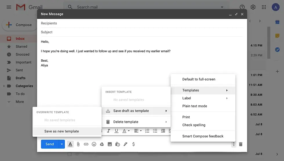 Gmail interface showing templates feature