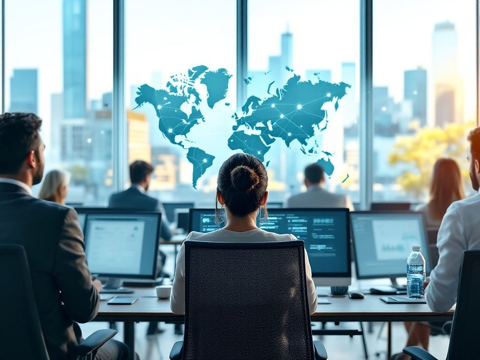 International business team working with global connectivity map, representing APAC-Europe operations