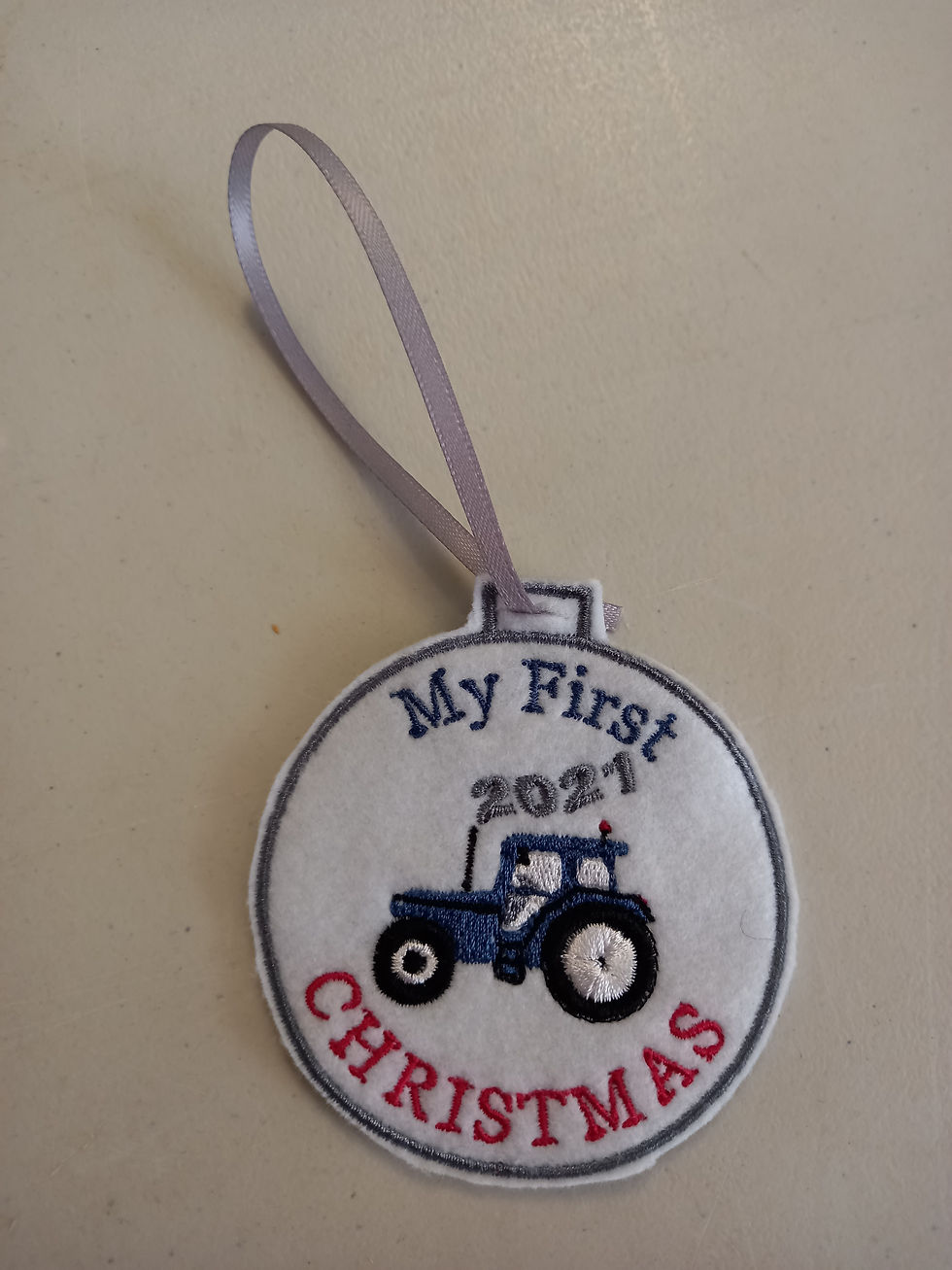 Thumbnail: Baby's 1st Tractor Christmas embroidered hanging ornament keepsake