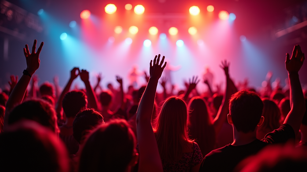Eye-level view of a vibrant rock concert with a lively crowd