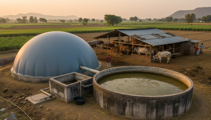 Close-up view of a biogas dome and slurry tank near a dairy farm