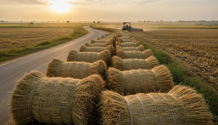 Eye-level view of bundled crop residue stacked beside a rural road