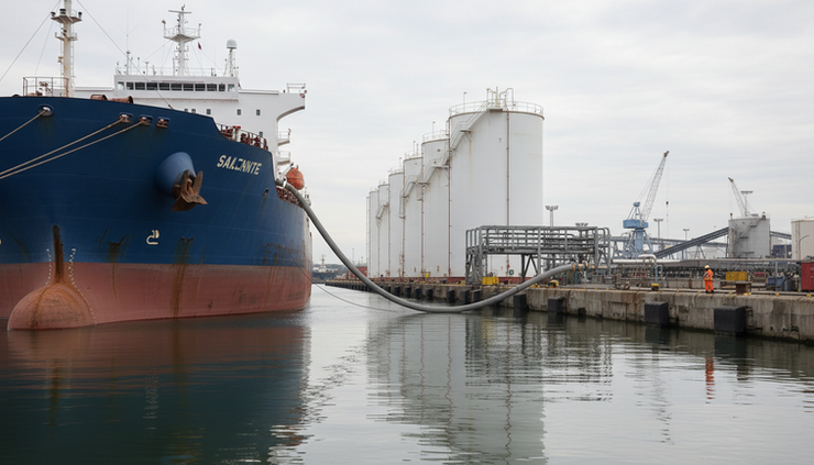 Eye-level view of a cargo ship being refuelled with clean methanol at a quiet harbour