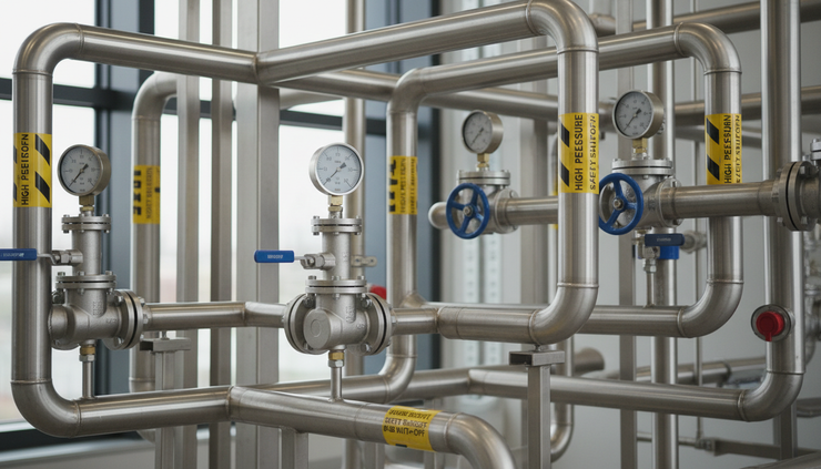 Close-up view of hydrogen pipes and pressure gauges at a clean fuel facility