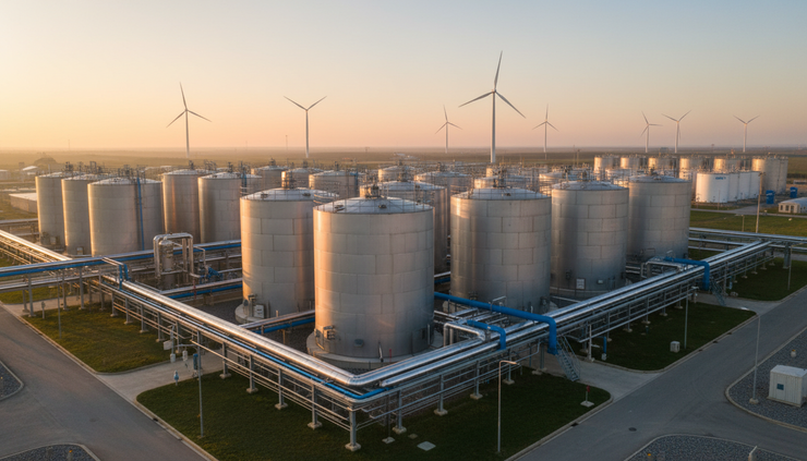 Wide-angle view of a renewable fuel plant beside wind turbines and storage tanks