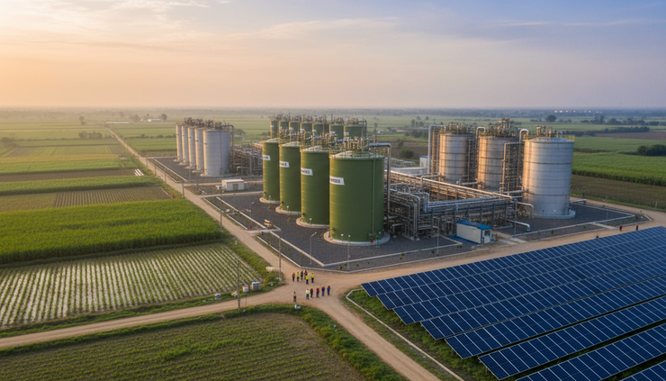 Wide-angle view of a green fuel production plant beside fields and solar panels