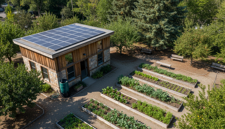 High-angle view of a community garden beside a small solar-powered building