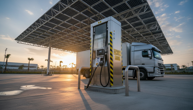 Low-angle view of a hydrogen fuel dispenser beside a heavy truck at an outdoor station