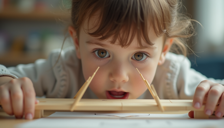 Close-up view of a child testing the strength of a homemade bridge model