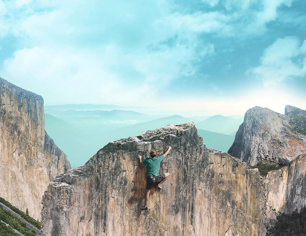 Man climbing mountain to reach the clouds