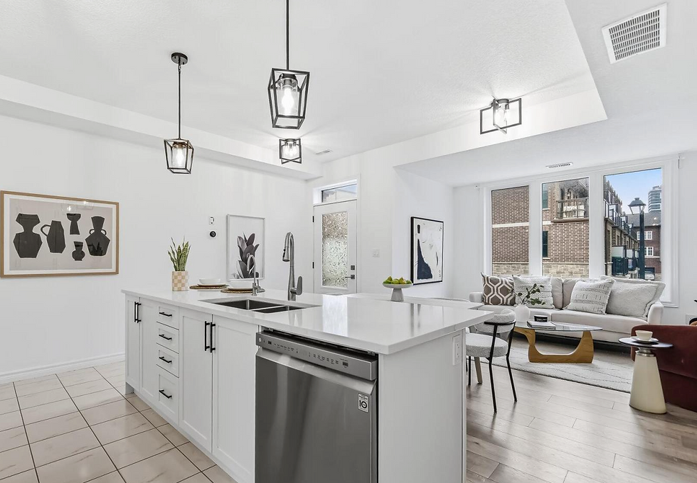Bright white hallway with tiled floor and modern light fixture