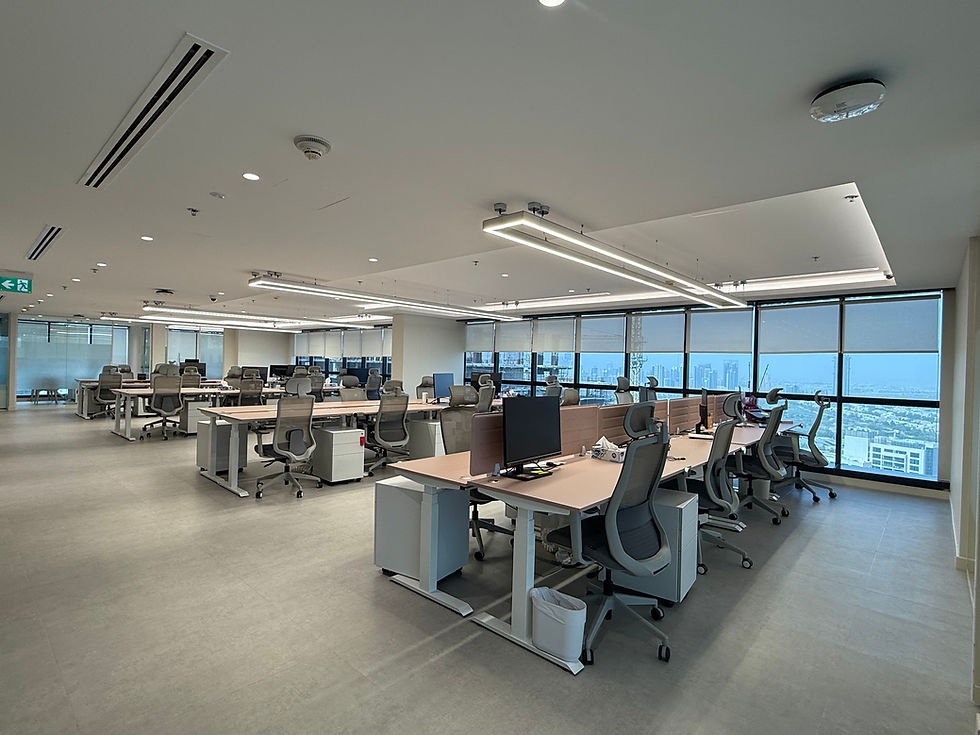 Wide angle view of completed modern office interior with desks and chairs
