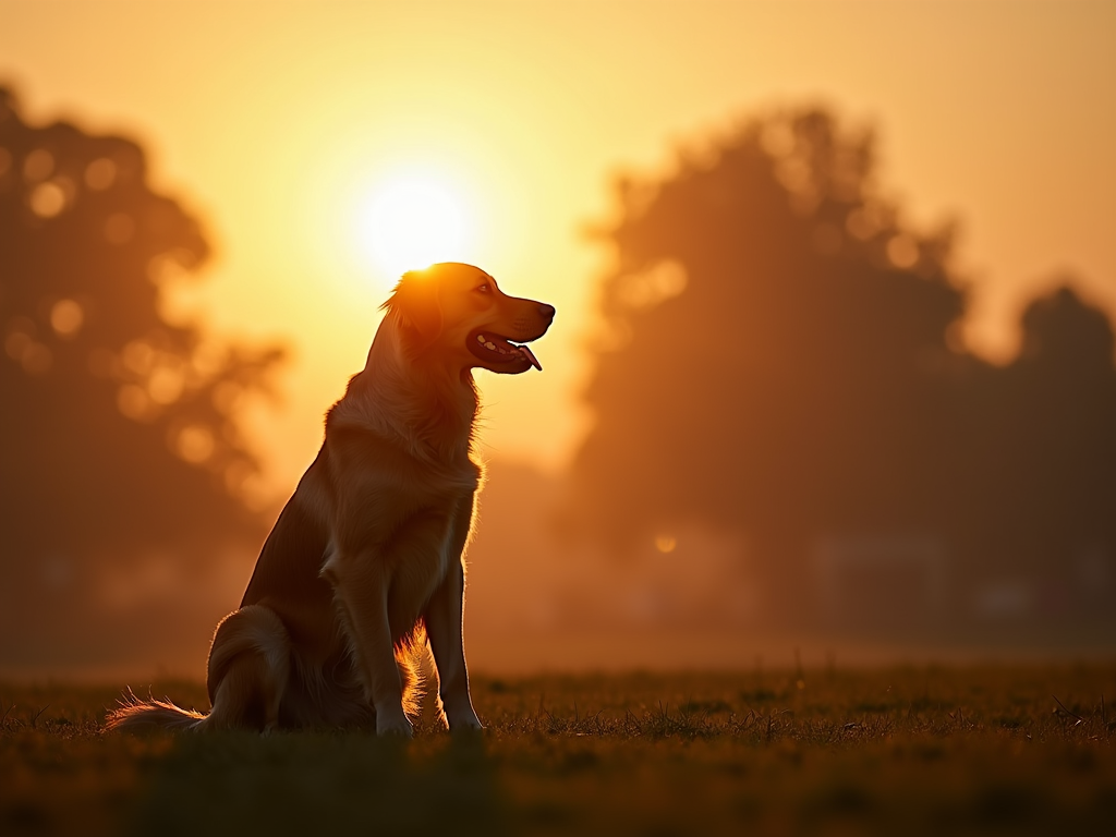 A happy golden retriever silhouette sitting calmly in front of a warm setting summer sun.