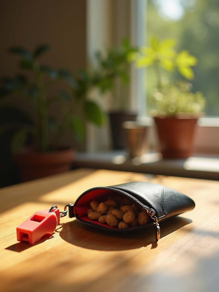 A dog treat pouch and training whistle on a wooden table with dappled sunlight.