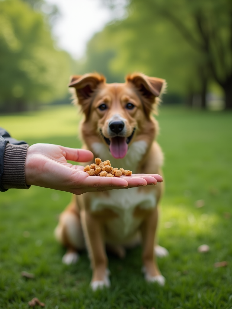 Hands holding a dog clicker and treats in a lush green park landscape.