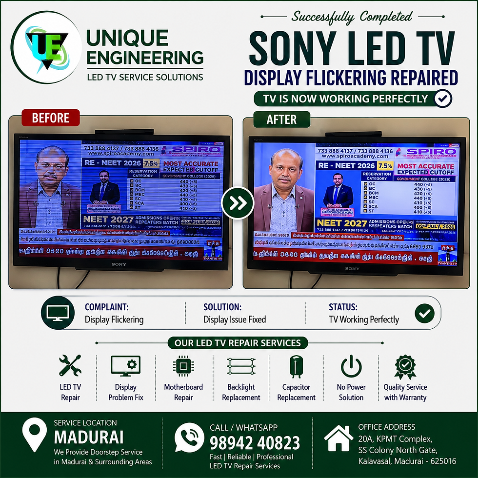 Sony TV Repair Service in Madurai – Sony LED TV display flickering issue repaired by Unique Engineering LED TV Service Solutions with professional doorstep service.