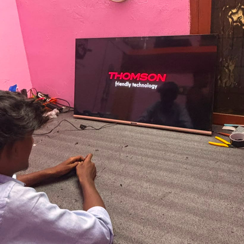 Thomson 43 Inch Android LED TV backlight replacement with three LED strips completed in Vadipatti, Madurai by Unique Engineering LED TV Service Solutions.