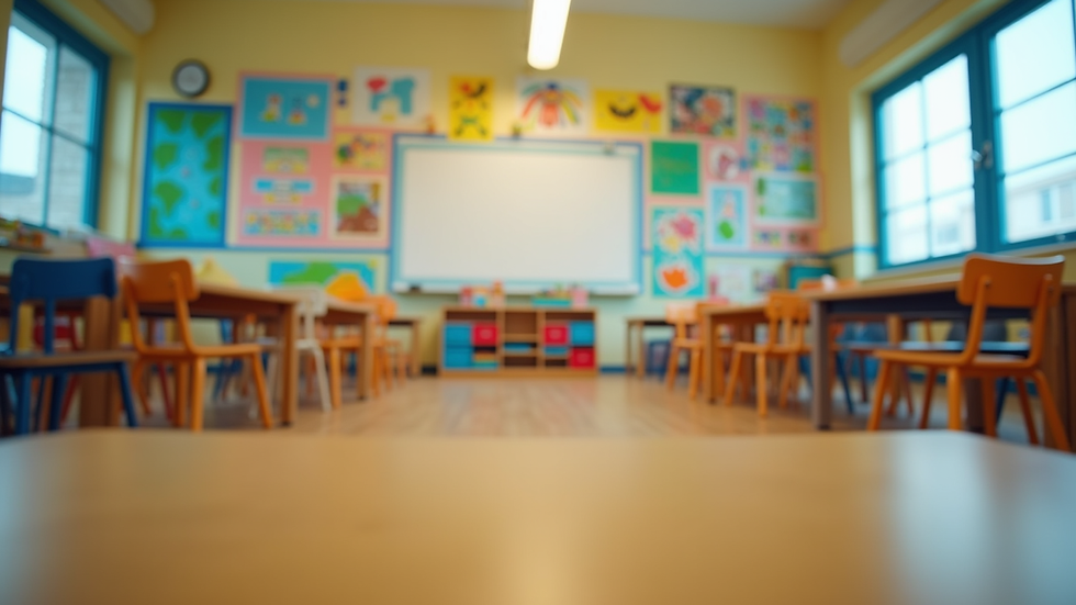 Eye-level view of a colorful classroom with children’s artwork on the walls