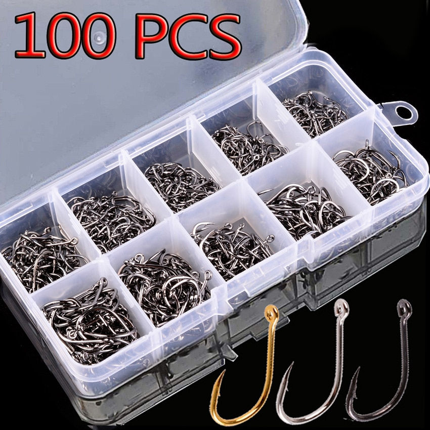 Aorace 100pc Carbon Steel Fishing Hook Set - Barbed Carp Hooks