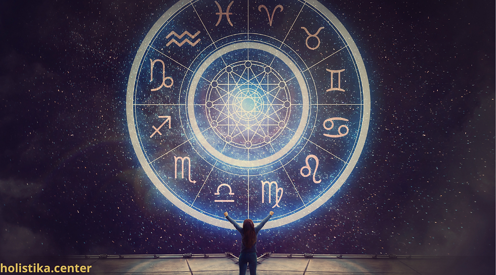 A person stands with arms raised before a glowing zodiac wheel on a cosmic background. Text "holistika.center" appears in yellow.