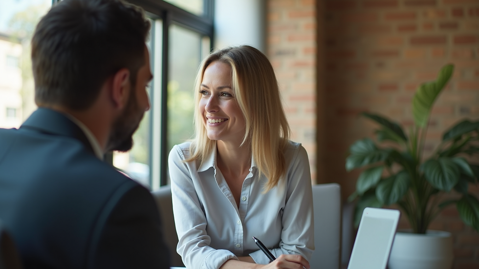 Close-up view of a business coach engaging with a client during a communication skills session