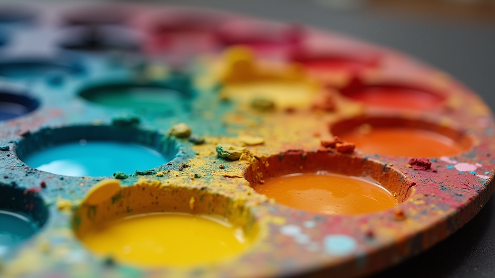Close-up view of a vibrant paint palette with various colors