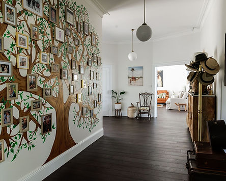 Entrance hallway with painted family tree wall mural at Elbourne Bathurst
