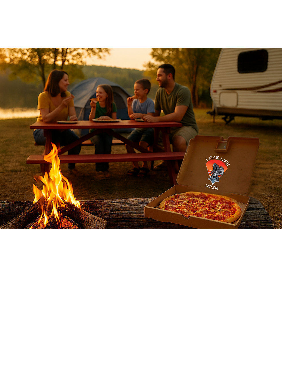 Happy Campers eating Lake Life Pizza at Scotch Creek Provincial Campground