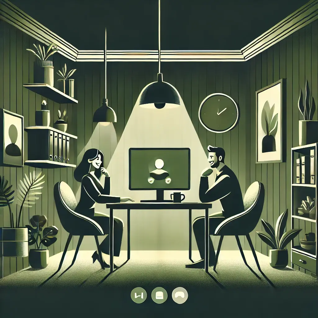 An illustration of a virtual meeting with a dark green theme. Two people are shown in a video call, seated at desks and smiling as they engage in conversation. The background features a cozy mix of home and office decor, including bookshelves, potted plants, and a coffee mug, all shaded in dark green tones with subtle gold and beige accents. The lighting is warm and inviting, creating a professional yet approachable atmosphere.