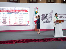 La secretaria del Bienestar Ariadna Montiel durante "Las Mañaneras del Pueblo" anunciando los vanaces del los Programas Bienestar