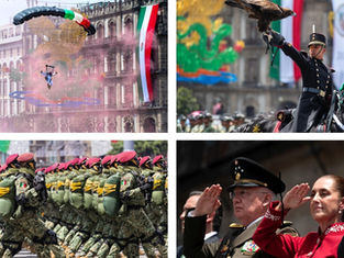 Unidades representativas de las Fuerzas Armadas y la Guardia Nacional marchan frente al Palacio Nacional durante la conmemoración patria en el Zócalo de la Ciudad de México.