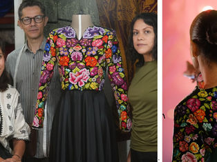 Vista del vestido 15 de septiembre 2026, elaborado con bordado a mano con aguja de gancho por artesanas muxe de Juchitán, Oaxaca.