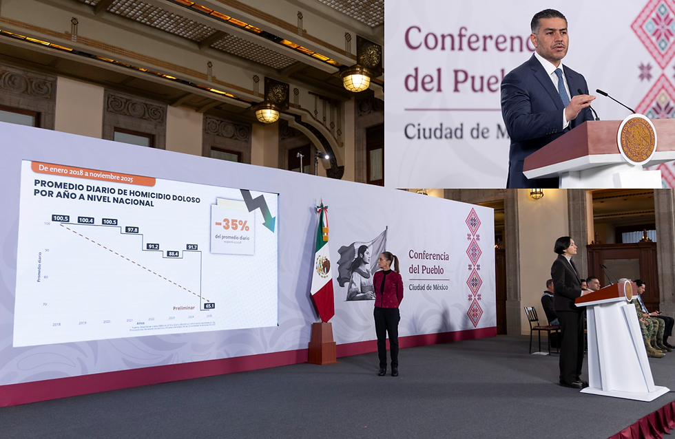 Presidenta Claudia Sheinbaum Pardo, Omar García Harfuch, secretario de Seguridad y Atención Ciudadana y Marcela Figueroa Franco, titular del Secretariado Ejecutivo del Sistema Nacional de Seguridad Pública, en la presentación de la Estrategia Nacional de Seguridad en la conferencia "Las Mañaneras del Pueblo".