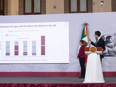 Presidenta Claudia Sheinbaum Pardo durante la conferencia matutina, donde anunció la reunión de alto nivel para negociar la crisis de agua con Estados Unidos y defender la postura de México ante el Tratado de Aguas.