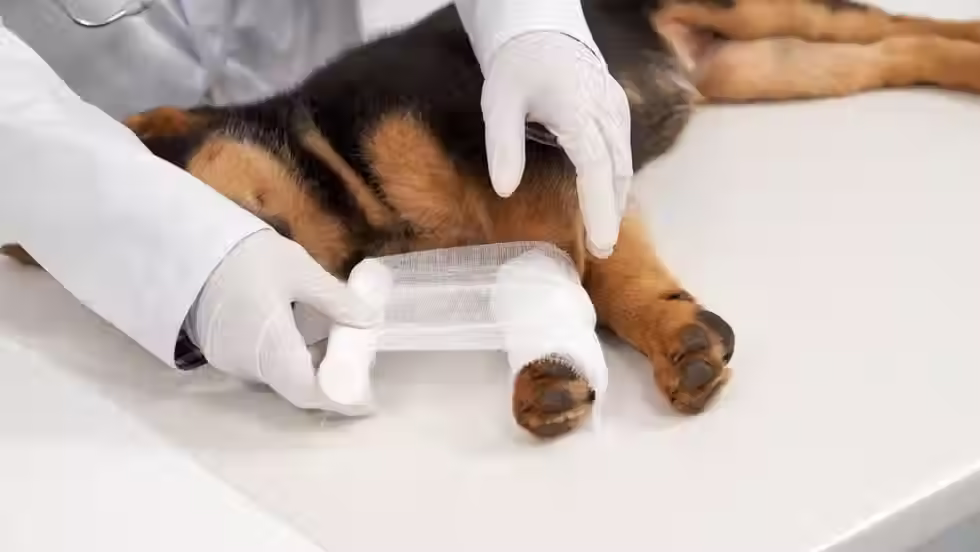 Un médico veterinario realiza la revisión clínica de una herida en la piel de un canino para descartar presencia de parásitos.