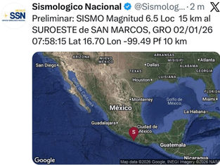 Esta mañana un sismo de magnitud 6.5 con localización a 15 km al suroeste de San Marcos Guerrero en punto de las 7:58:15 horas, con latitud 16.70 y longitud -99.49 y profundidad de 10 km sorprendió a las y los mexicanos