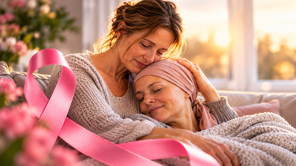 Une femme atteinte d'un cancer, portant un foulard rose, reçoit le soutien réconfortant d'une proche. Ruban rose symbolisant Octobre Rose.