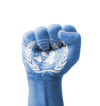 Fist of UN (United Nations) flag painted, multi purpose concept - isolated on white backgr